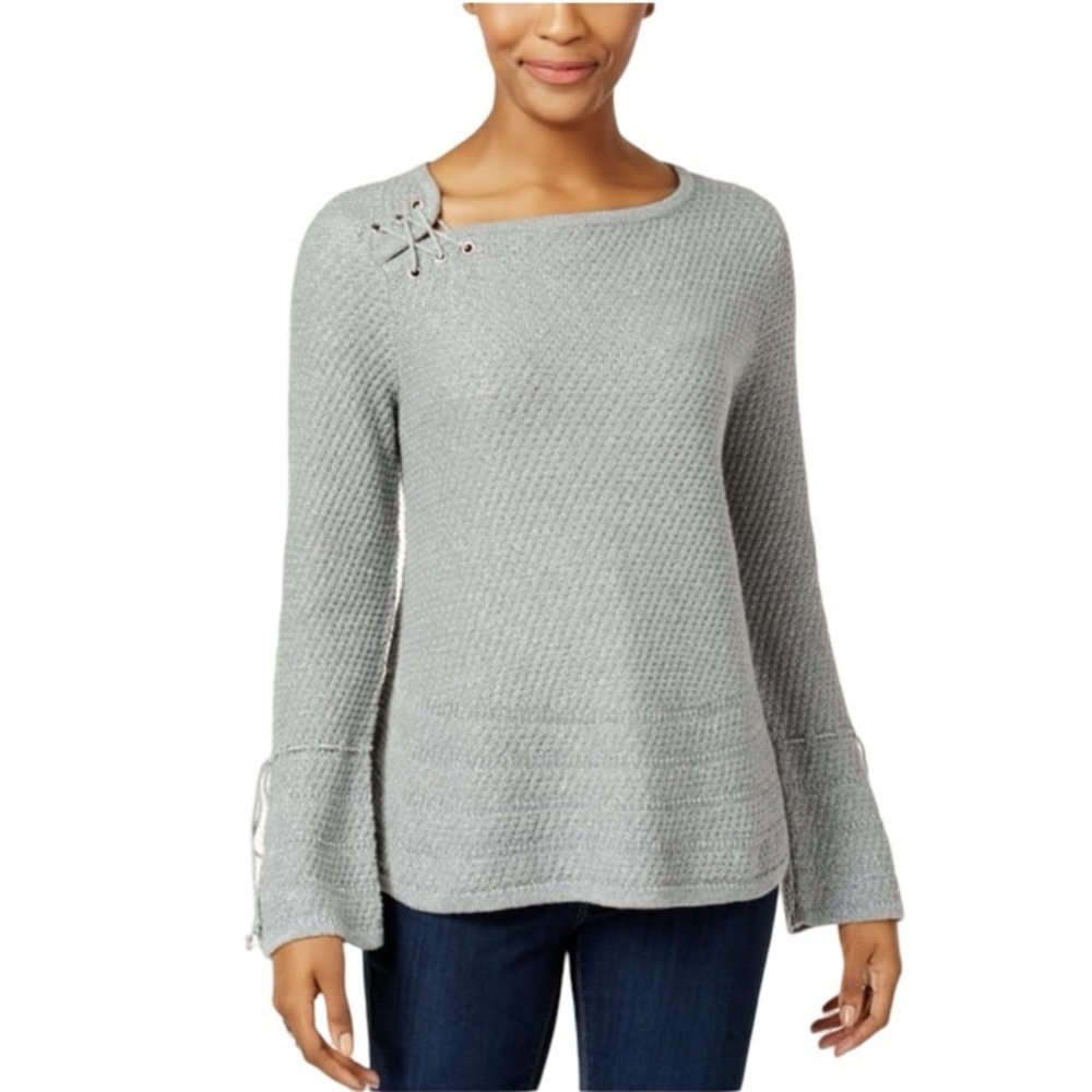 Style & Co Silver Metallic Lace-Up Bell Sleeve Sweater Medium